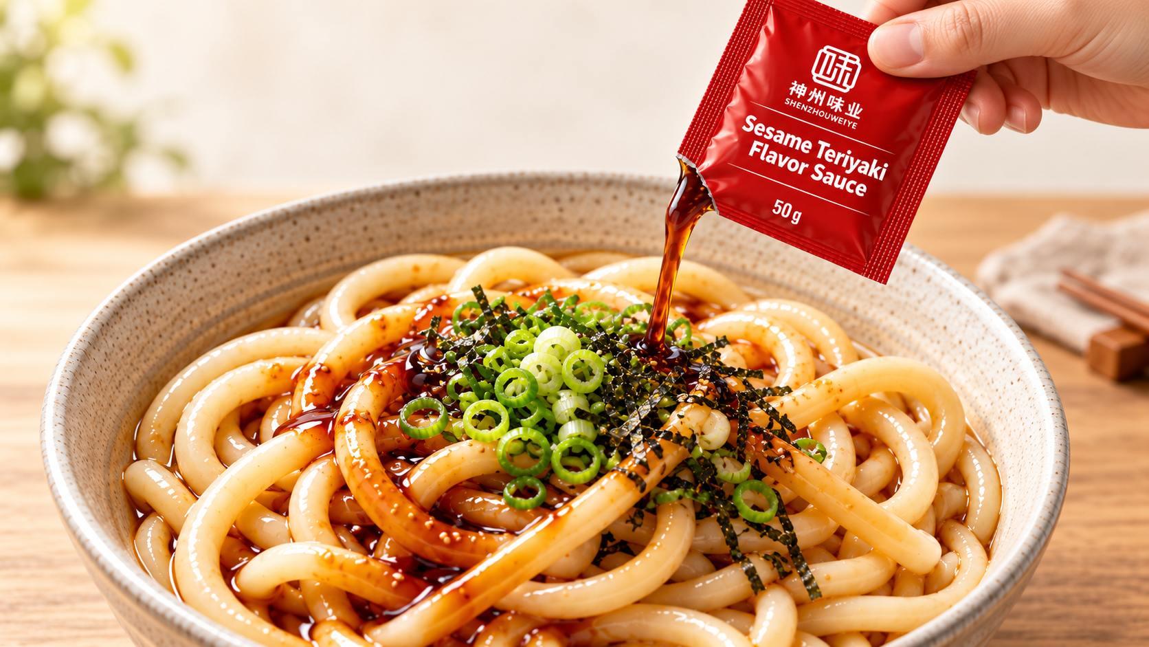 Sesame teriyaki sauce poured from a sachet onto udon noodles