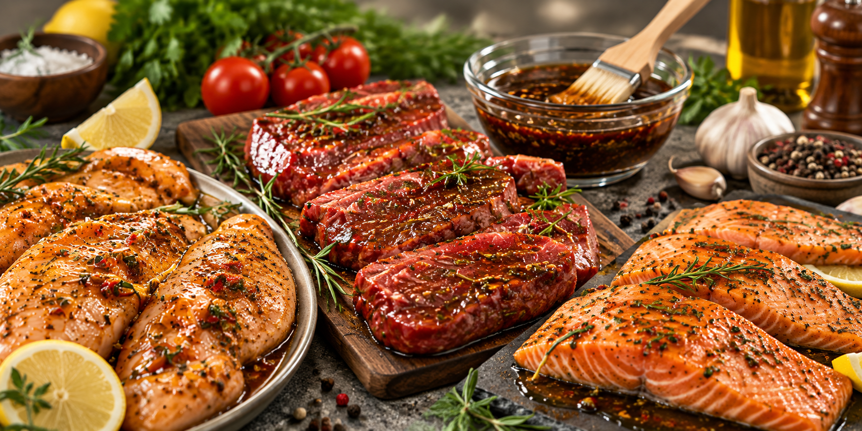 Marinated chicken, meat and fish for grilling