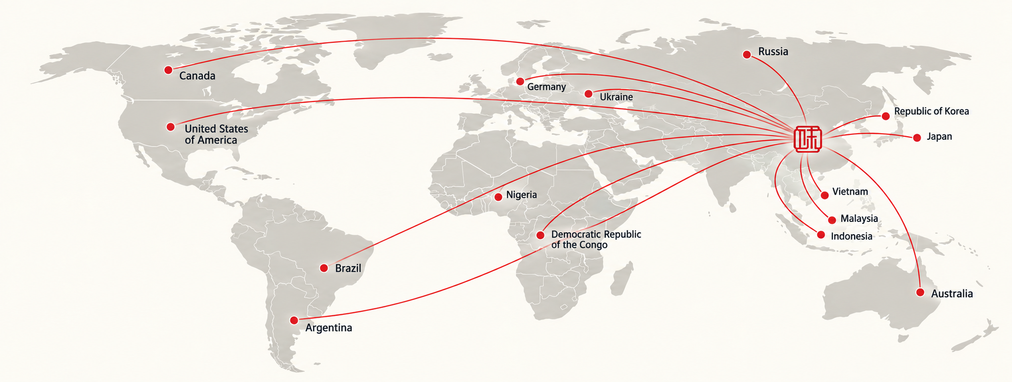World map illustrating Shenzhou's export markets