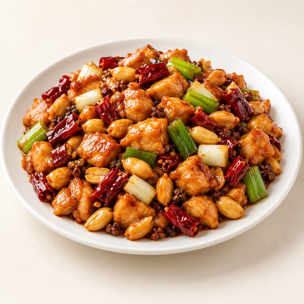 Kung Pao chicken with peanuts, scallions and dried chilies