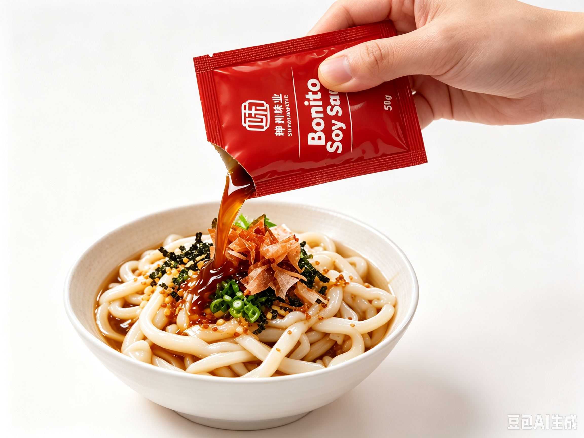 Sauce poured from a single-serving sachet onto udon noodles
