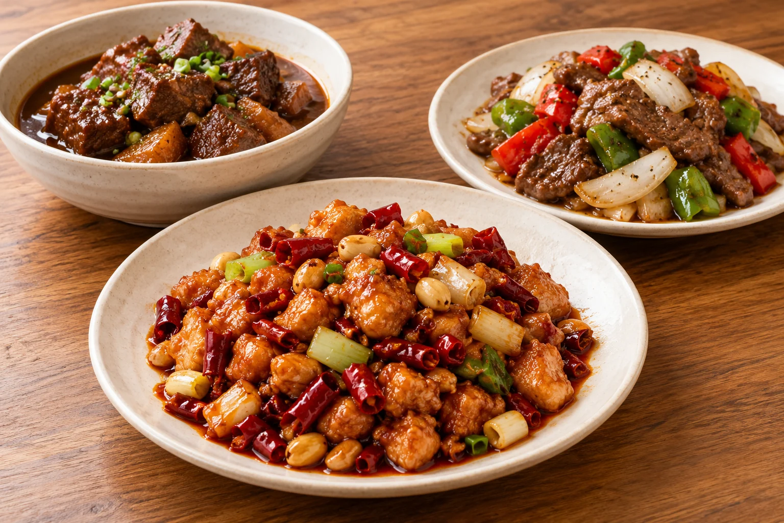 Asian foodservice sauces used in kung pao chicken, braised beef and black pepper beef dishes
