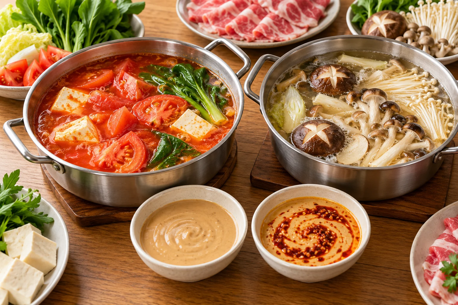 Asian foodservice sauces including tomato and mushroom hotpot bases with sesame dipping sauces