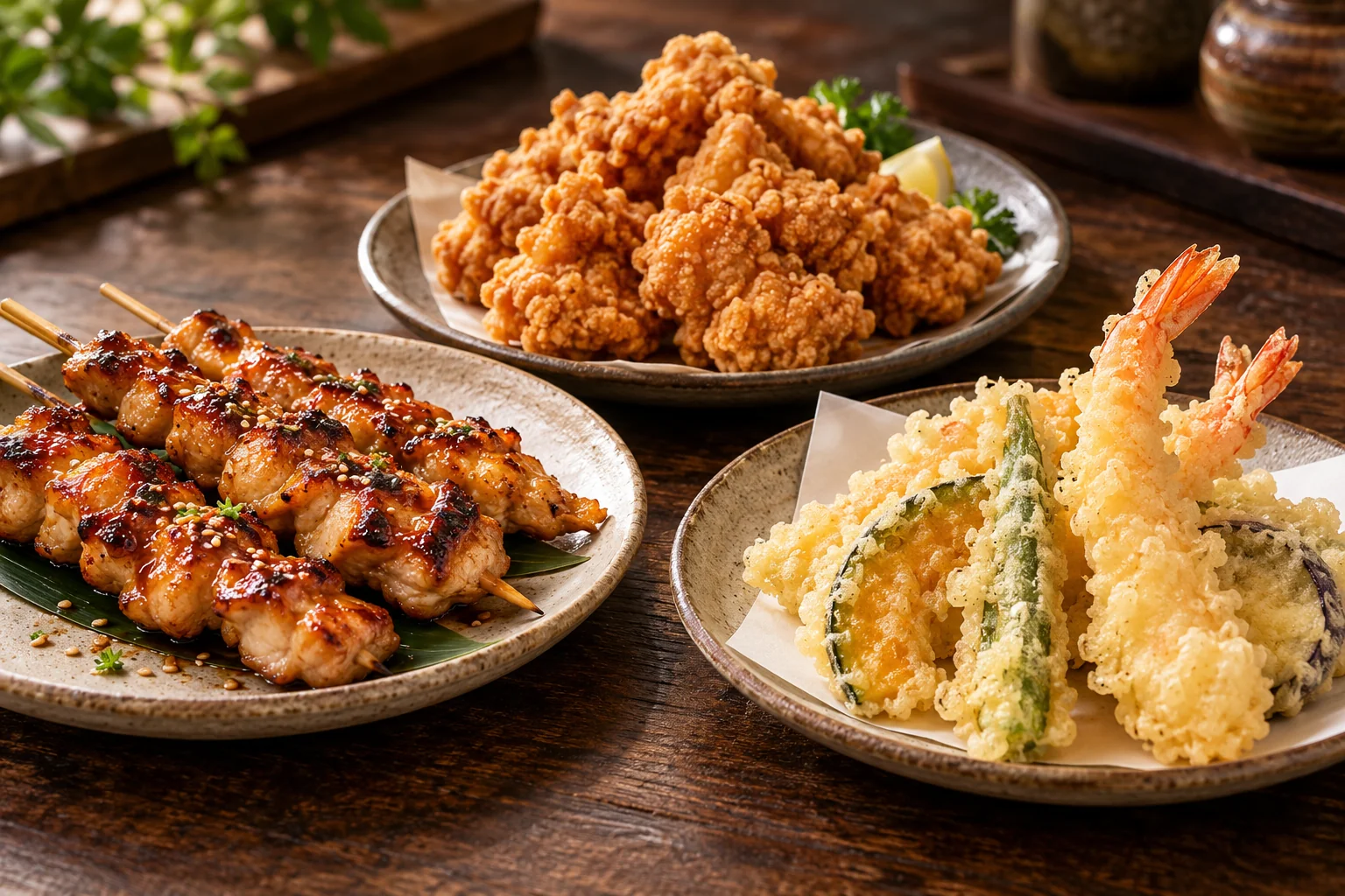 Grilled chicken skewers, crispy fried chicken and tempura applications
