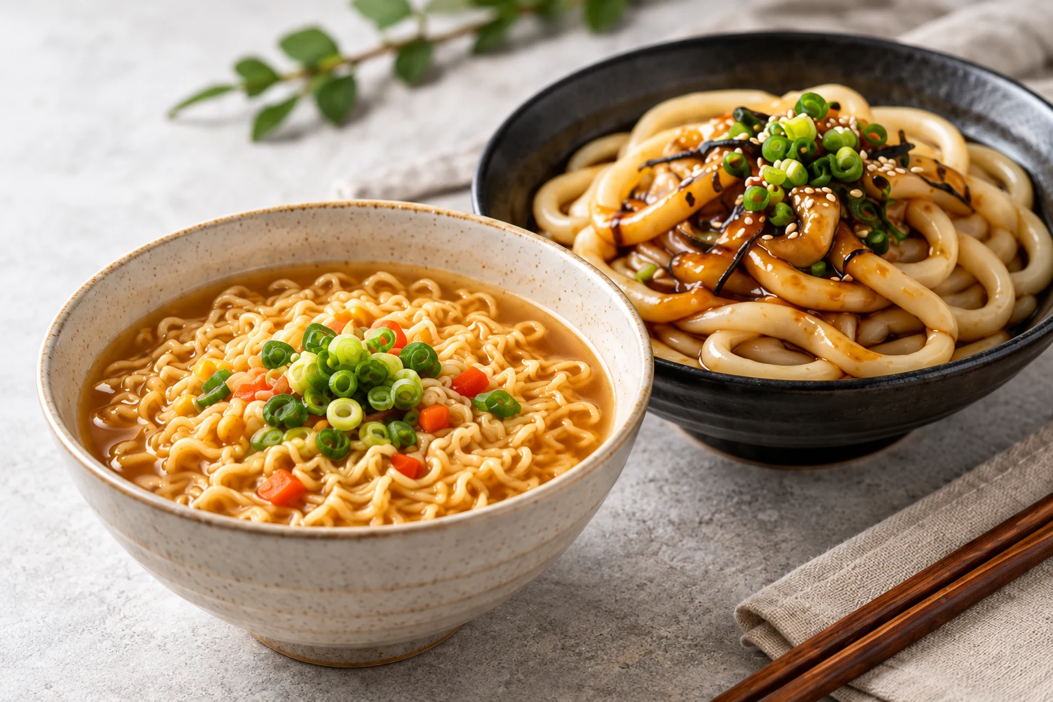 Instant noodles and udon prepared with noodle seasoning ingredients & sauces