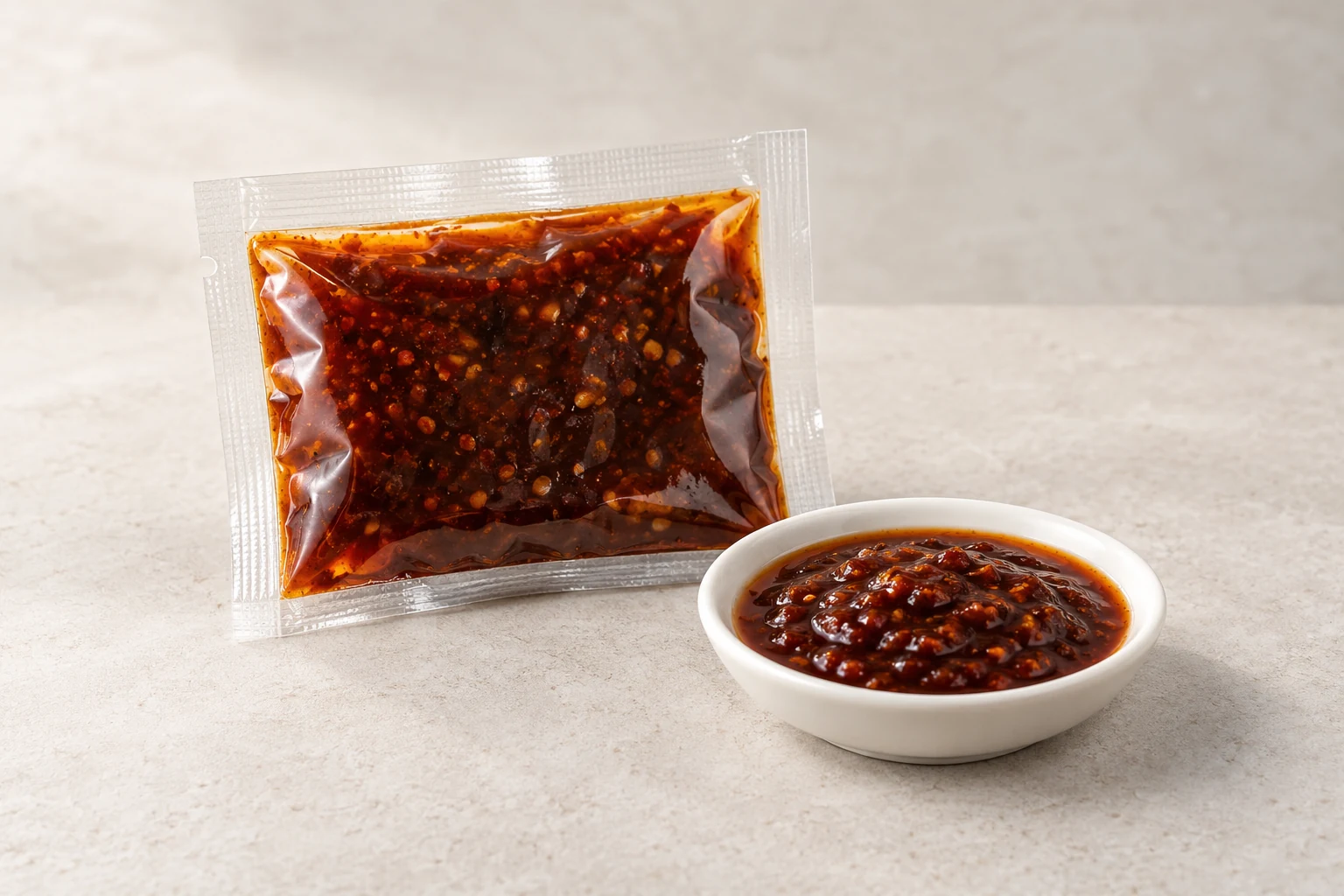 Noodle seasoning sauce in a clear sachet