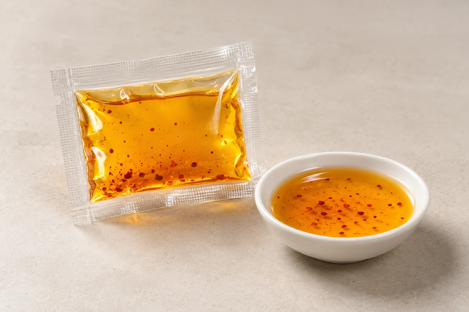 Seasoned oil for noodles in a clear sachet