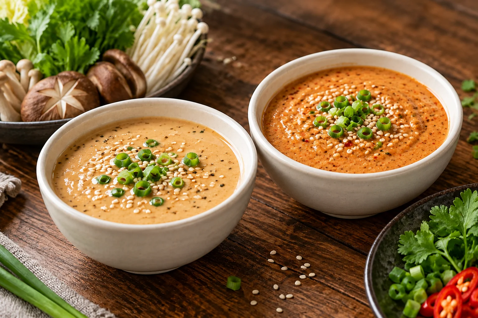 Original and spicy sesame dipping sauces to complement hotpot service.