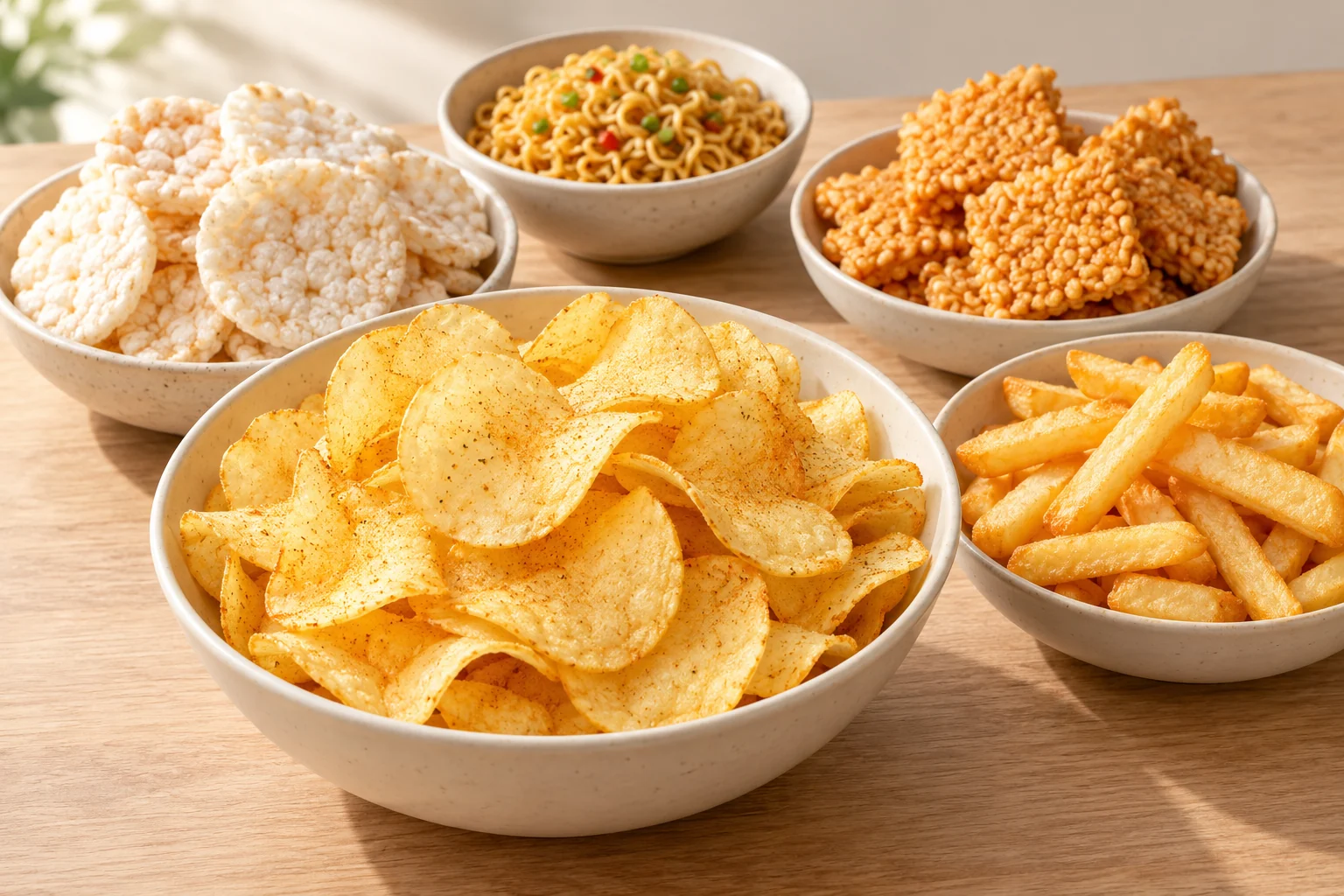 Potato chips, fries, rice crackers, crispy rice snacks and instant noodles