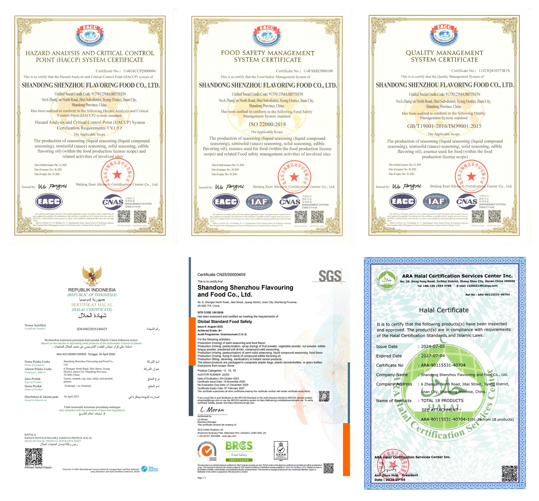 Shenzhou Halal, HACCP, ISO 22000, ISO 9001 and BRCGS certificates