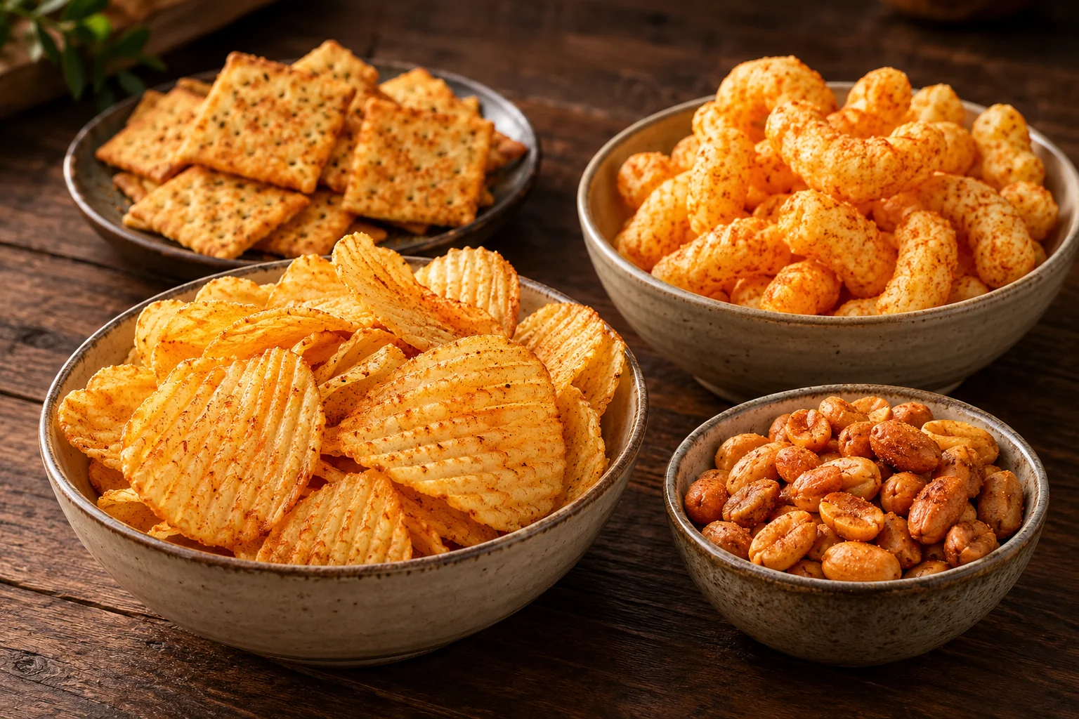Seasoned potato chips, puffed snacks, crackers and coated peanuts