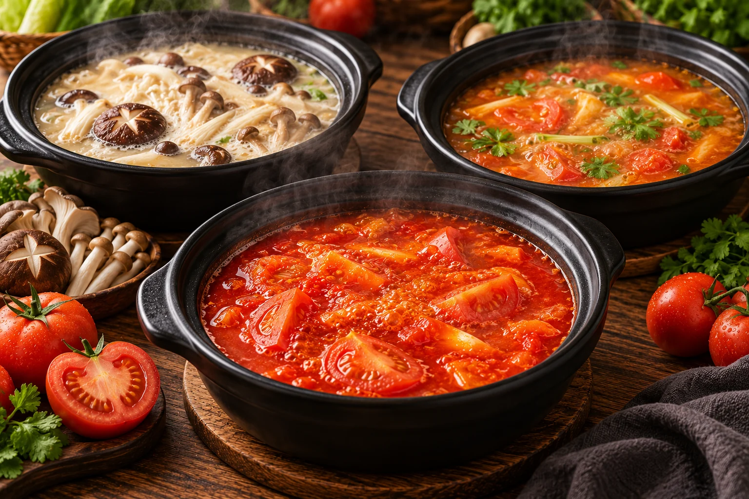Selected tomato, mushroom and Guizhou-style sour soup bases for foodservice hotpot applications.